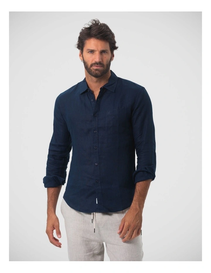 Long Sleeve Mens Linen Shirt in Navy image 1