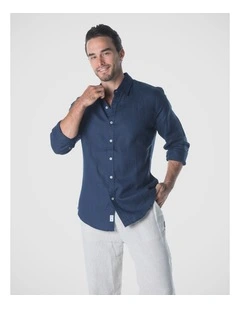 Long Sleeve Mens Linen Shirt in Navy