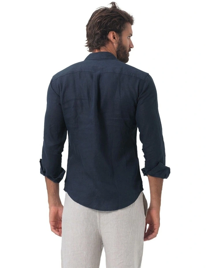 Long Sleeve Mens Linen Shirt in Navy image 2