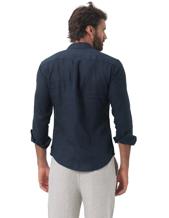 Long Sleeve Mens Linen Shirt in Navy image 2