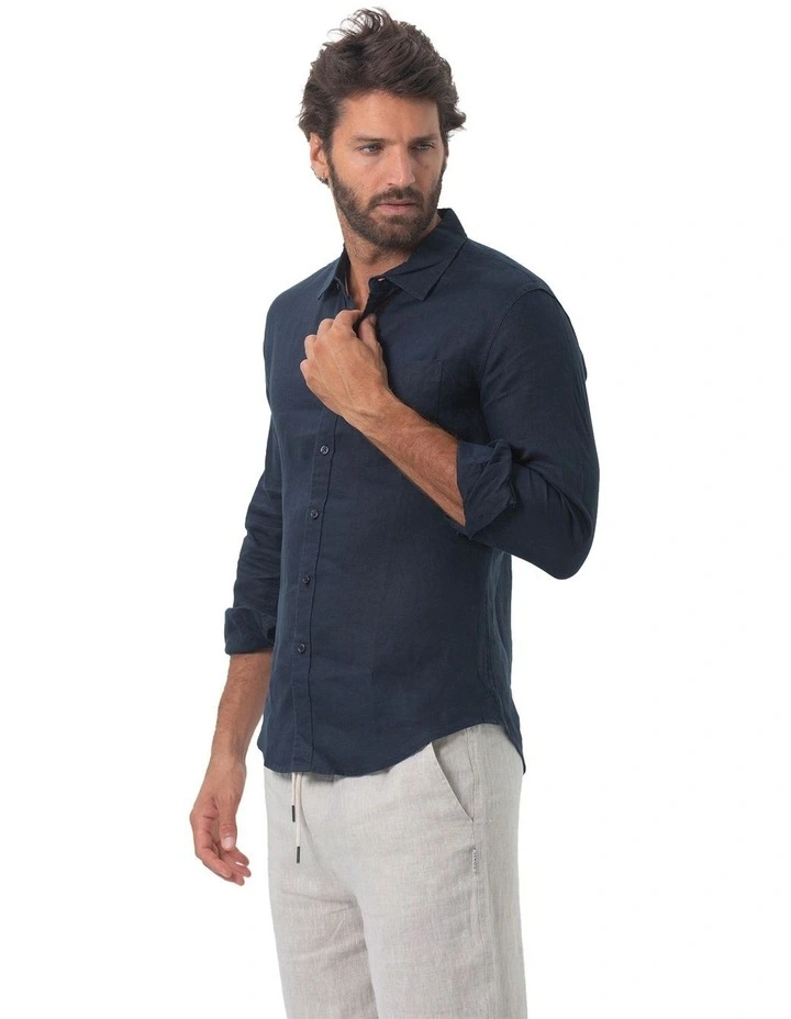 Long Sleeve Mens Linen Shirt in Navy image 3