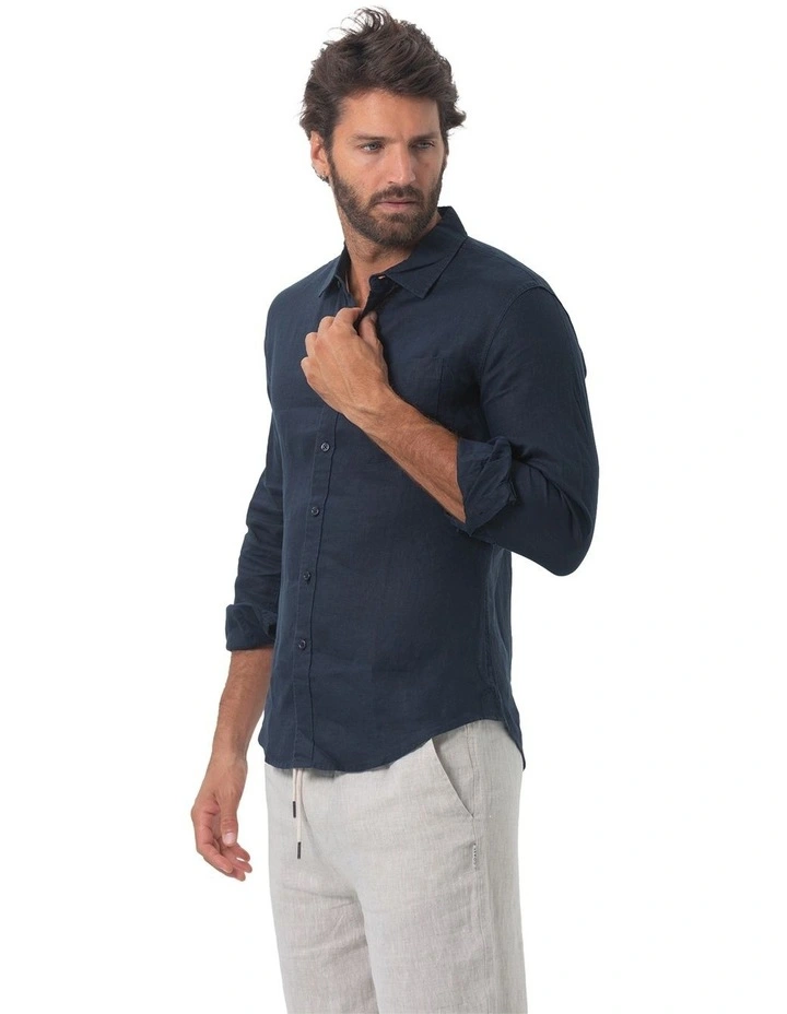 Long Sleeve Mens Linen Shirt in Navy image 3