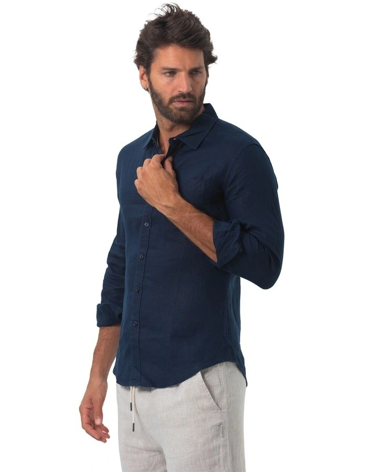 Long Sleeve Mens Linen Shirt in Navy image 3
