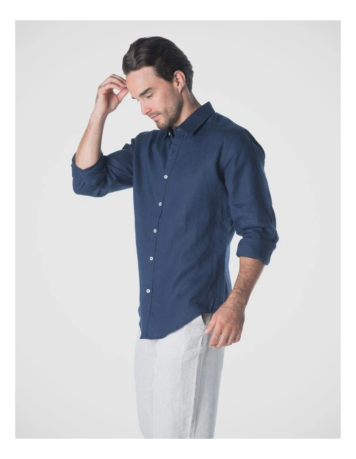 Long Sleeve Mens Linen Shirt in Navy image 3