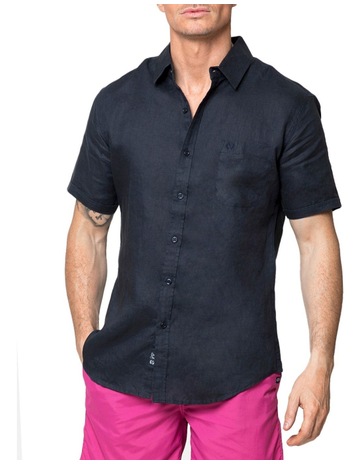 mens short sleeve navy linen shirt