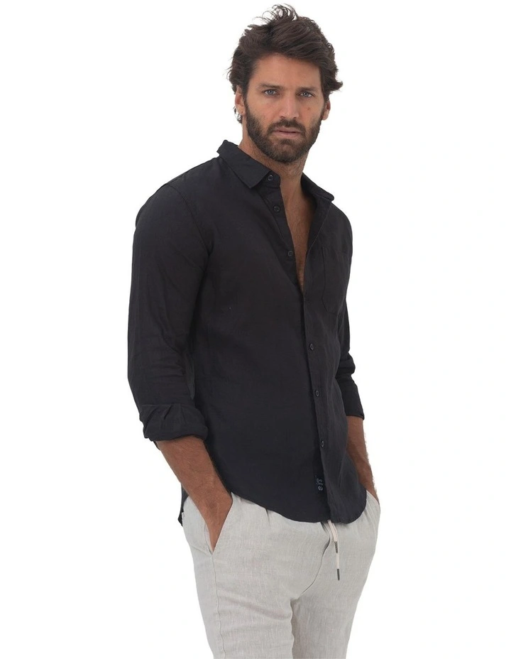 Long Sleeve Linen Shirt in Black image 3