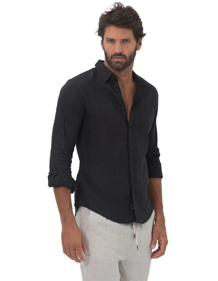 Long Sleeve Linen Shirt in Black image 4