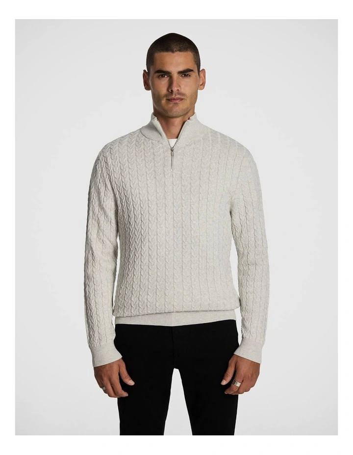 Eddie 1/4 Zip Cable Knitwear in Light Grey Marle image 1