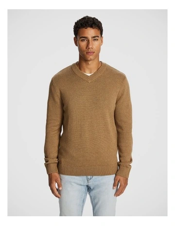 Thornton V Neck Knit Jumper in Camel