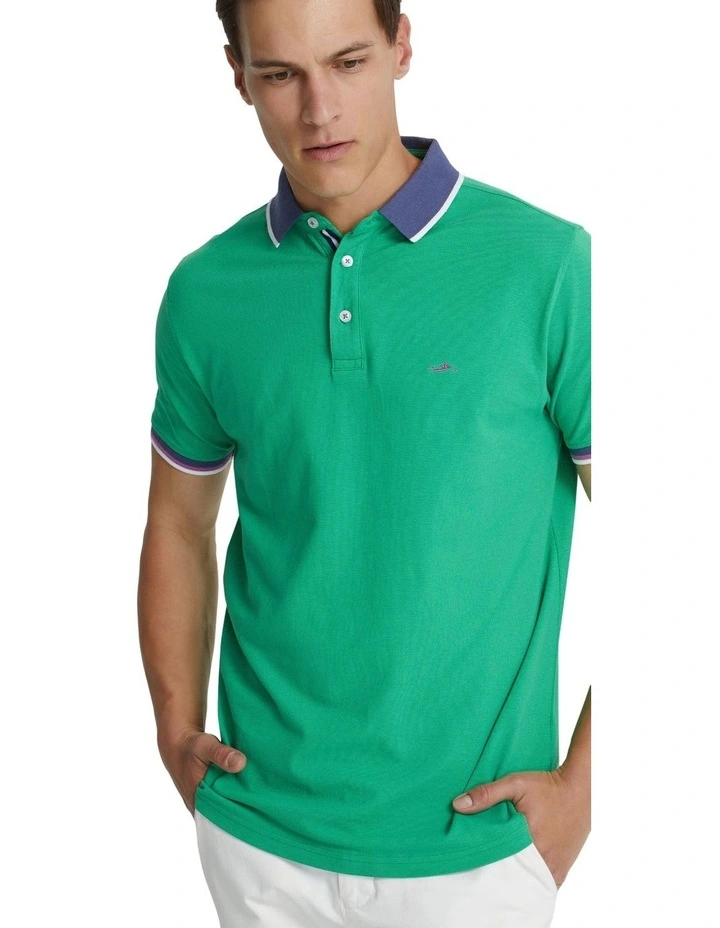 Cam Contrast Collar Pique Polo Shirt in Green image 4
