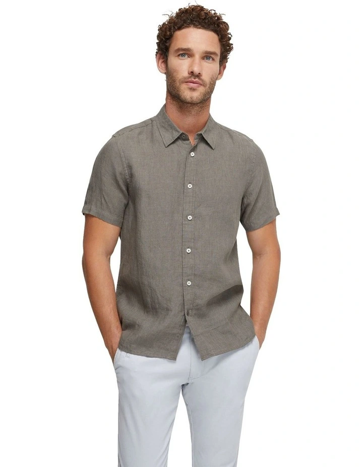 Leyton Pure Linen Short Sleeve Shirt in Olive image 1
