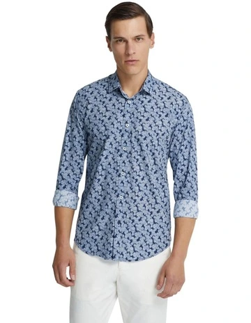 Kenton Printed Cotton Shirt in Navy