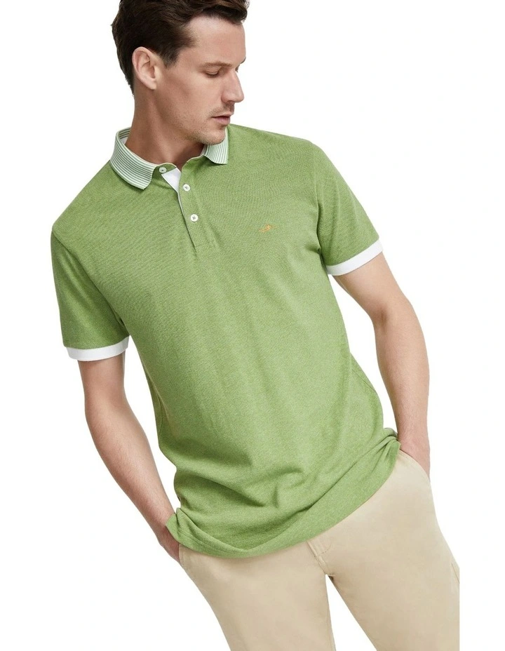 Axell Striped Collar Pique Polo in Green image 4