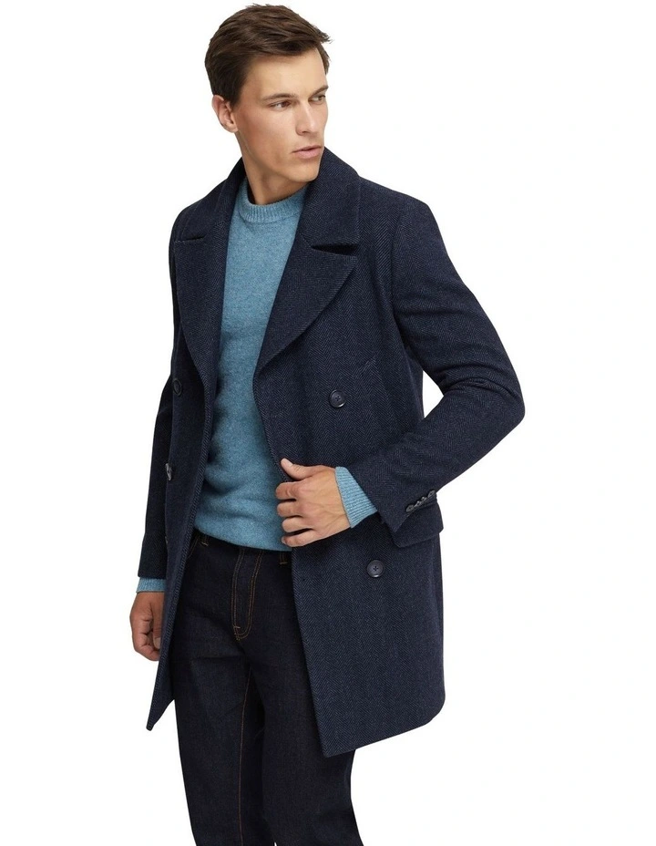Mason Herringbone Wool Rich Coat in Blue image 2
