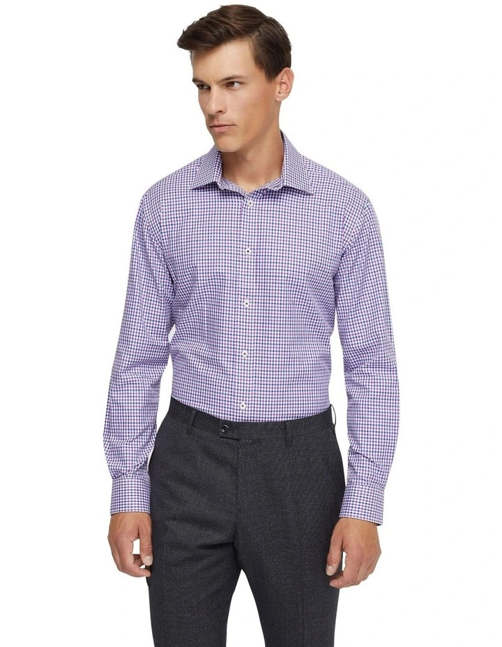 Islington Cotton Small Check Shirt in Purple/Navy image 1