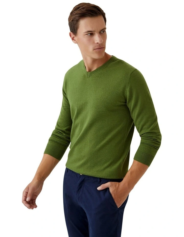 V-Neck Pure Merino Wool Pullover in Olive Green image 2