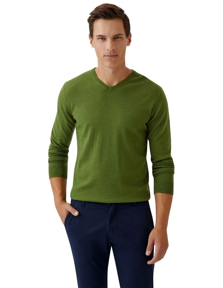 V-Neck Pure Merino Wool Pullover in Olive Green image 5