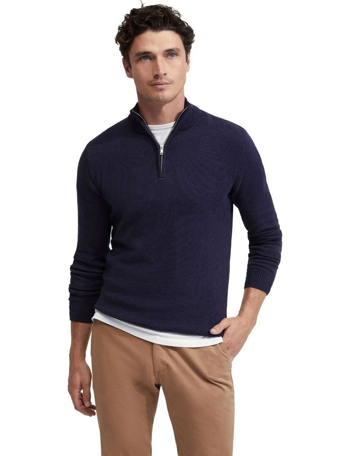 Robert Zip Neck Cotton Knit in Navy image 5