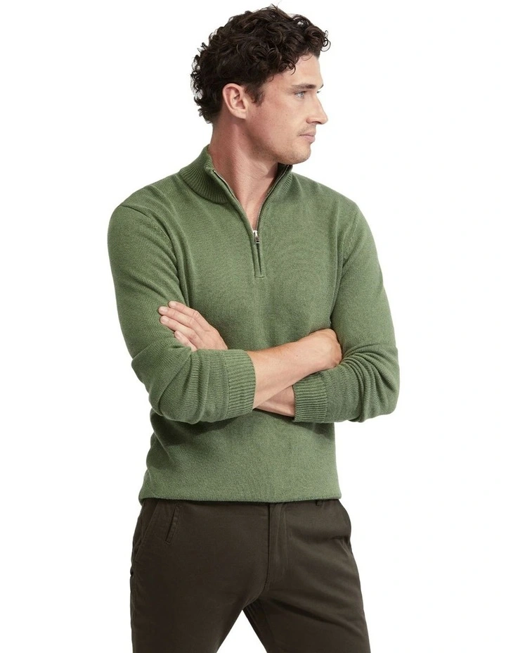 Robert Zip Neck Cotton Knit in Green image 2