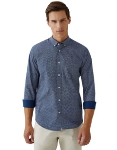 Stratton Printed Cotton Shirt in Navy