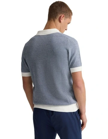 Paddy Cotton Knitted Polo Shirt in Navy/Ecru