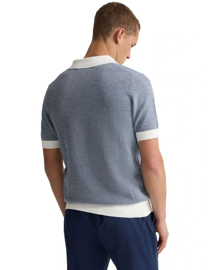 Paddy Cotton Knitted Polo Shirt in Navy/Ecru image 2