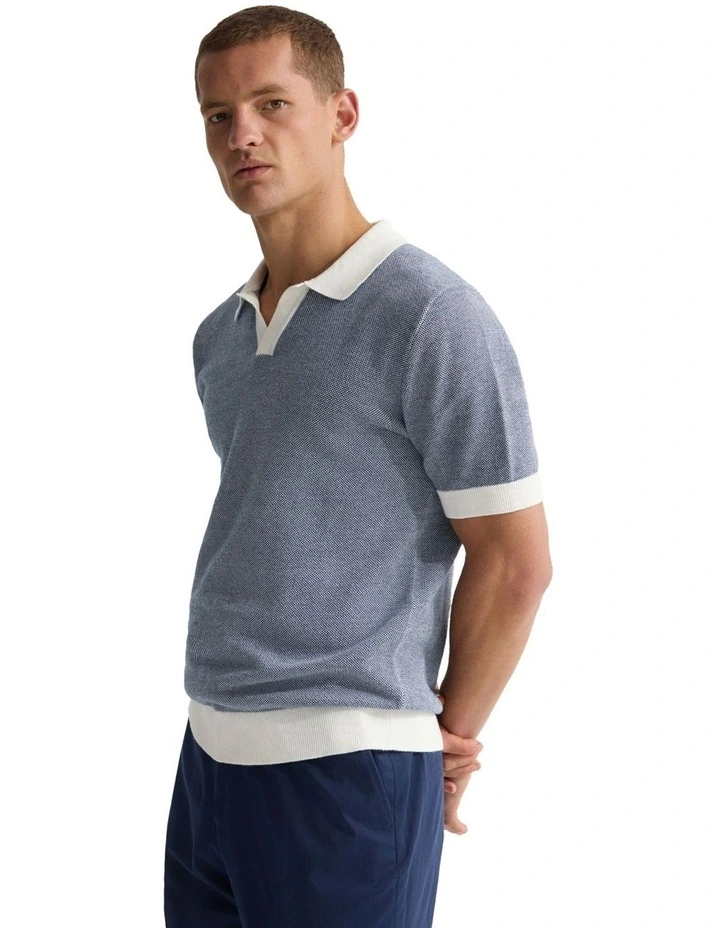 Paddy Cotton Knitted Polo Shirt in Navy/Ecru image 3