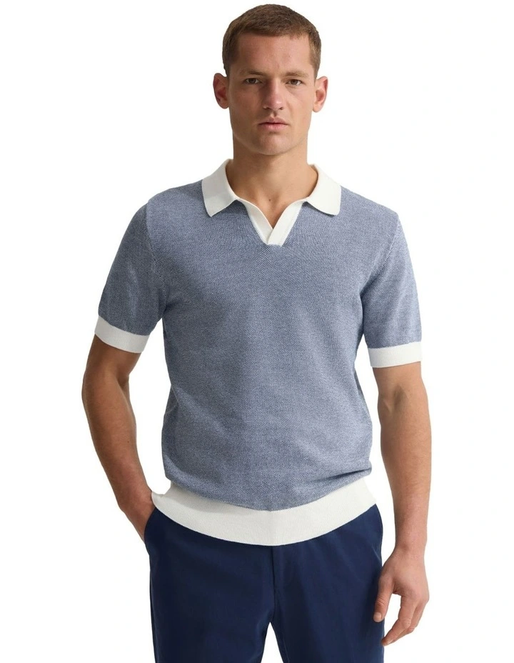 Paddy Cotton Knitted Polo Shirt in Navy/Ecru image 5