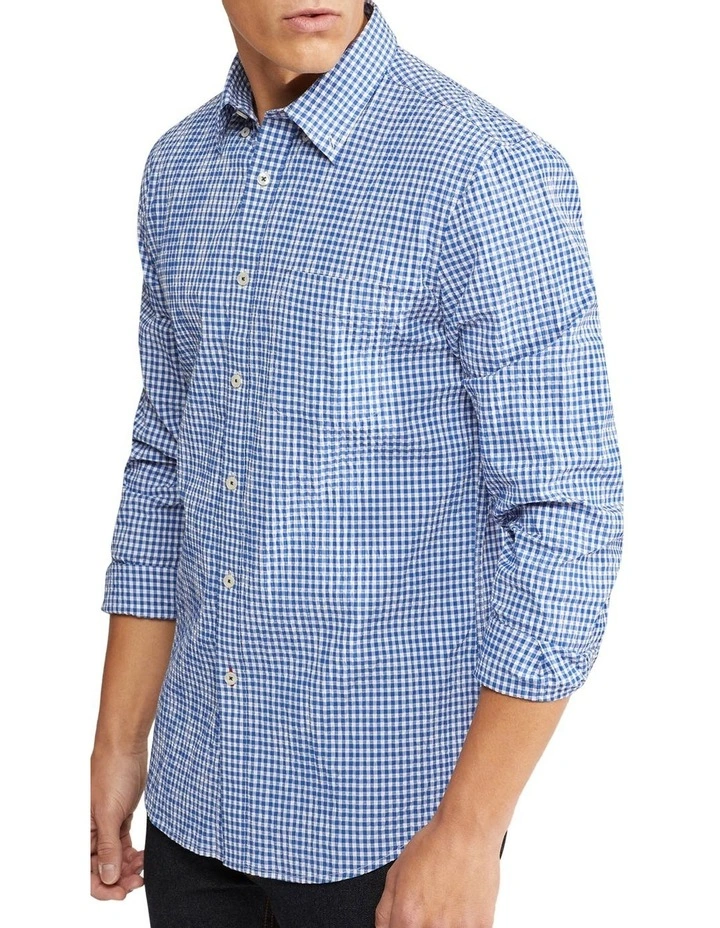 Uxbridge Seersucker Check Regular Shirt in Blue/White image 4