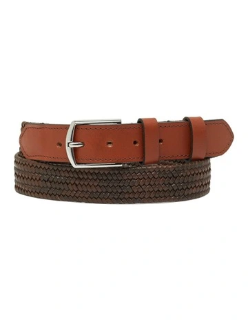 Douglas Leather Stretch Woven Belt in Brown