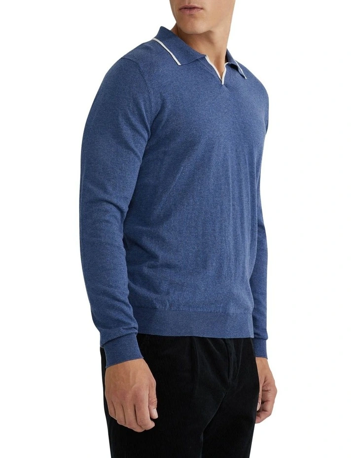 Reiss Tipping Collar Long Sleeve Knit Polo in Blue image 2