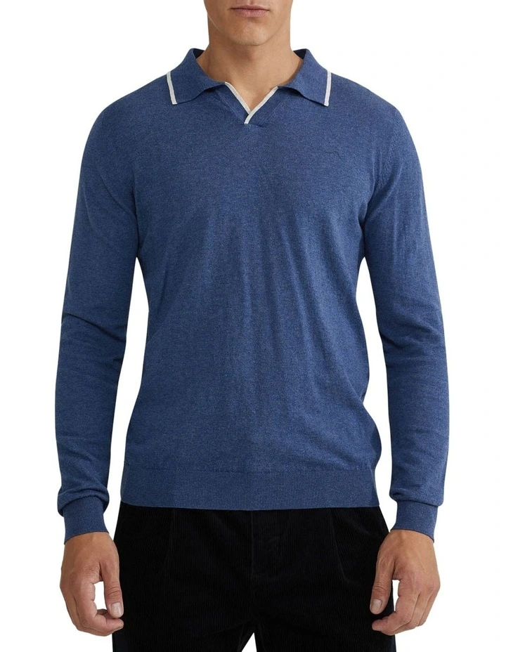 Reiss Tipping Collar Long Sleeve Knit Polo in Blue image 4