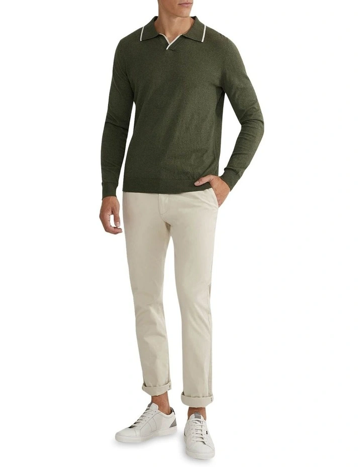 Reiss Tipping Collar Long Sleeve Knit Polo in Green image 1