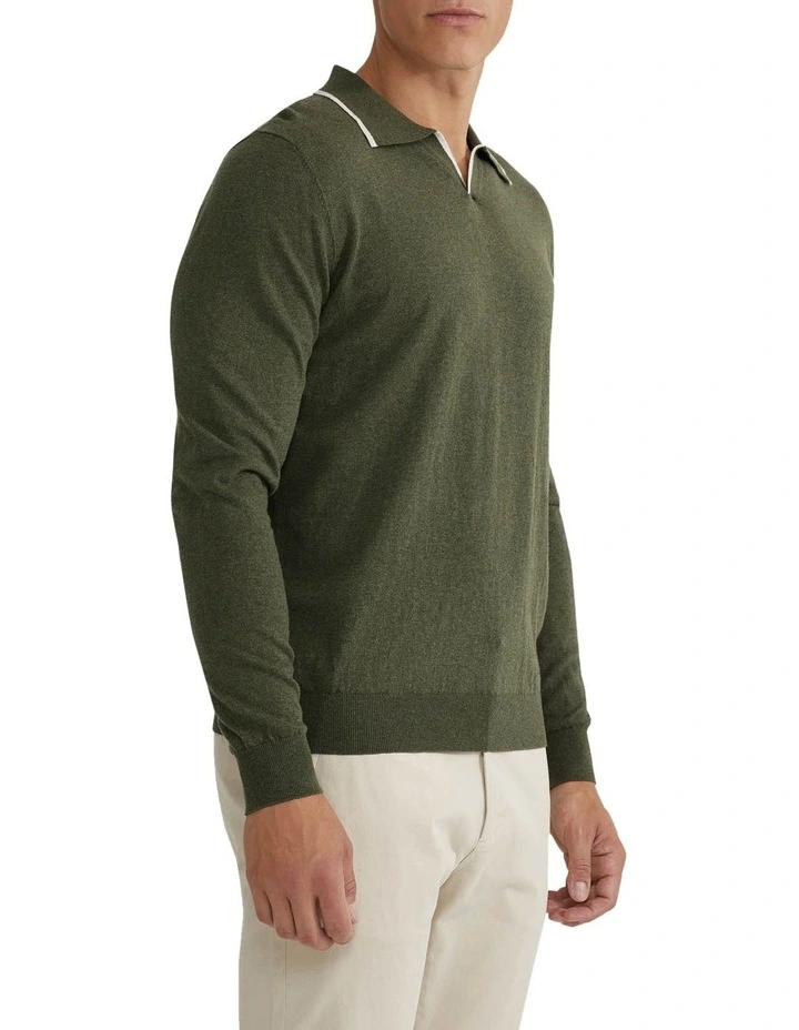 Reiss Tipping Collar Long Sleeve Knit Polo in Green image 2