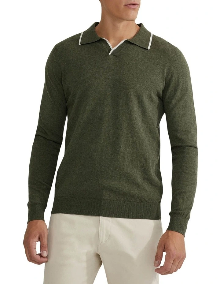 Reiss Tipping Collar Long Sleeve Knit Polo in Green image 5