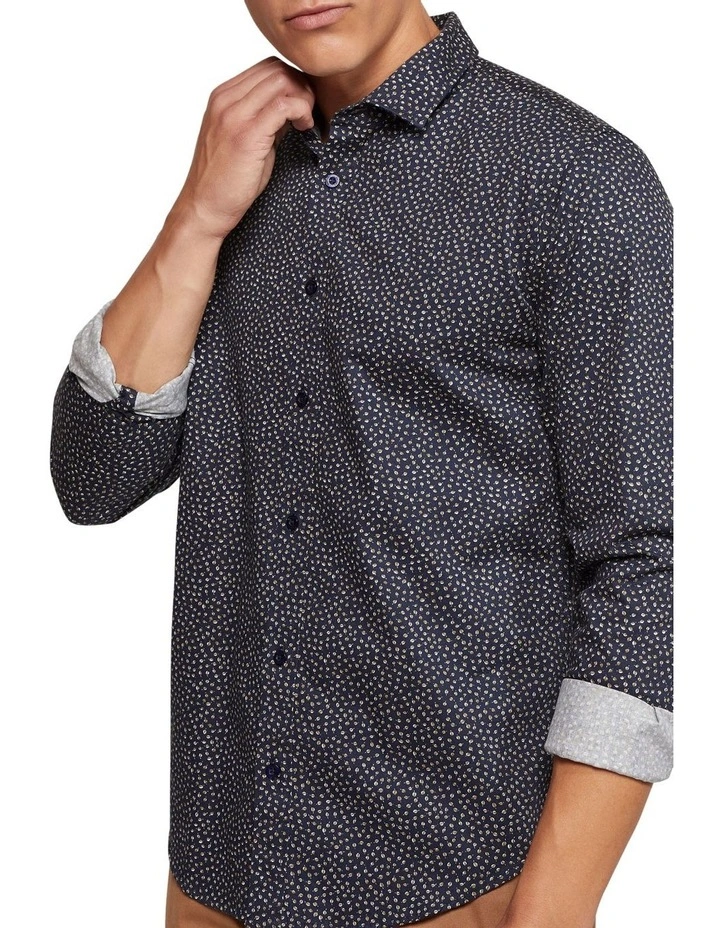 Kenton Printed Cotton Shirt in Navy image 4