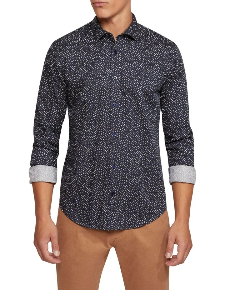 Kenton Printed Cotton Shirt in Navy image 5