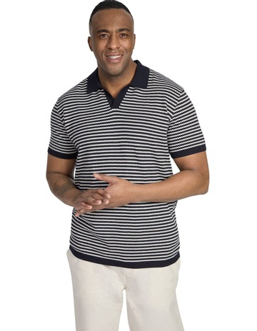 Healey Stripe Knit Polo Shirt in Navy