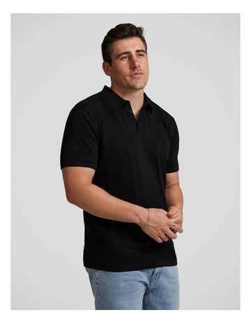 Archie Textured Knit Polo in Black