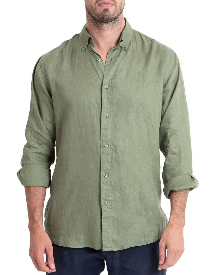 Long Sleeve Linen Shirt in Khaki image 3