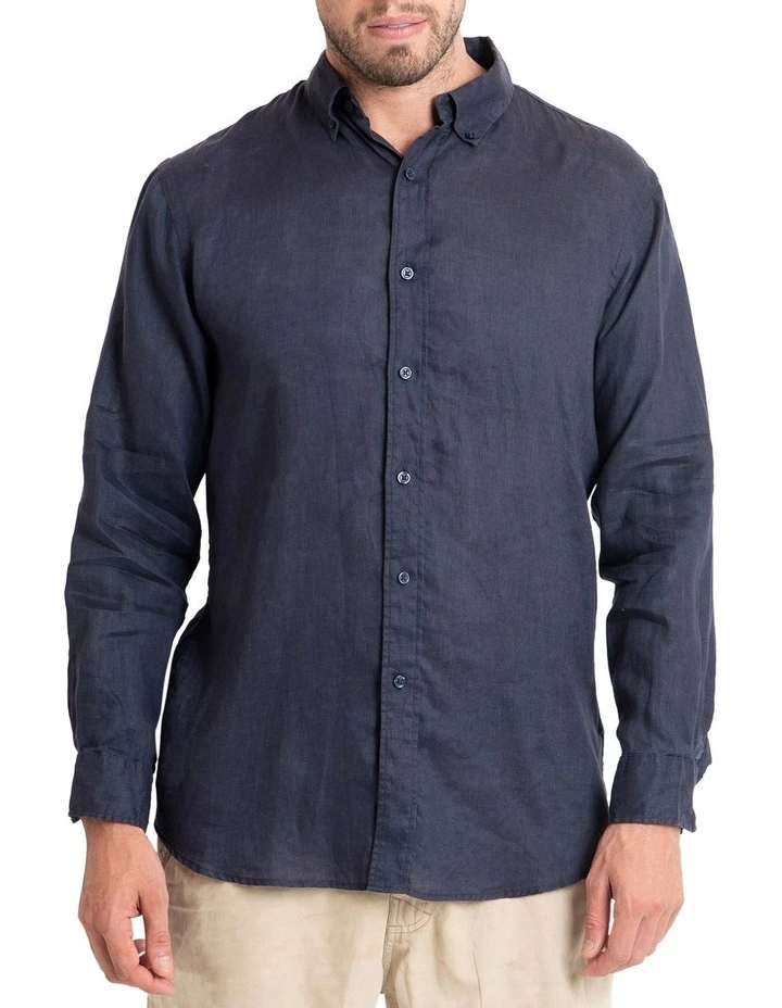 Long Sleeve Linen Shirt in Navy image 1