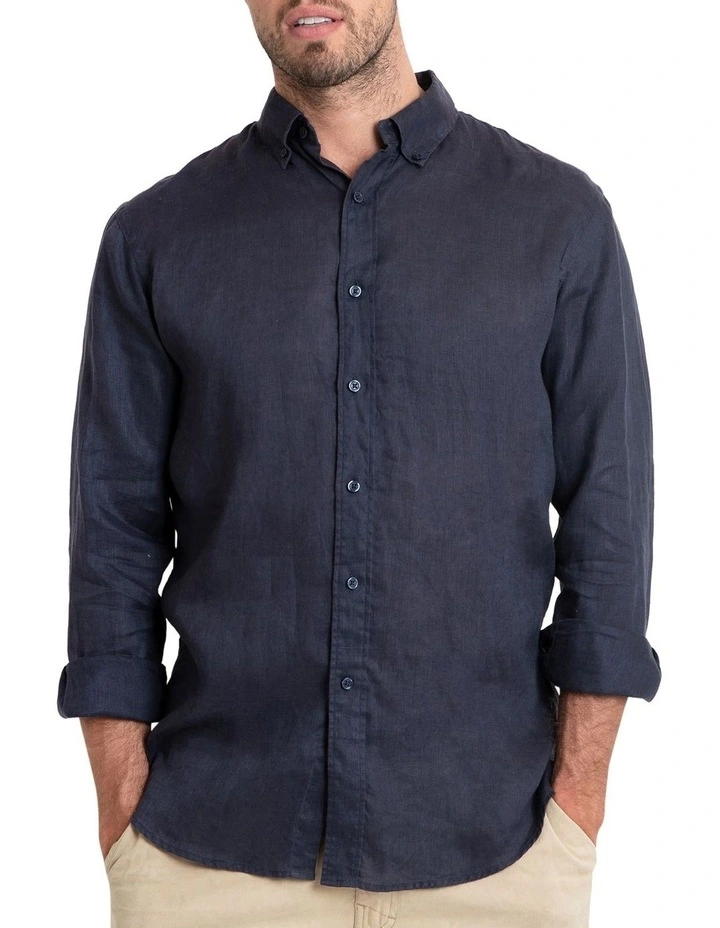 Long Sleeve Linen Shirt in Navy image 3