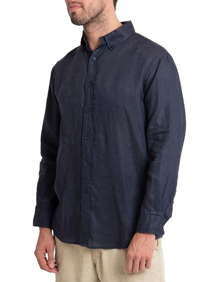 Long Sleeve Linen Shirt in Navy image 4