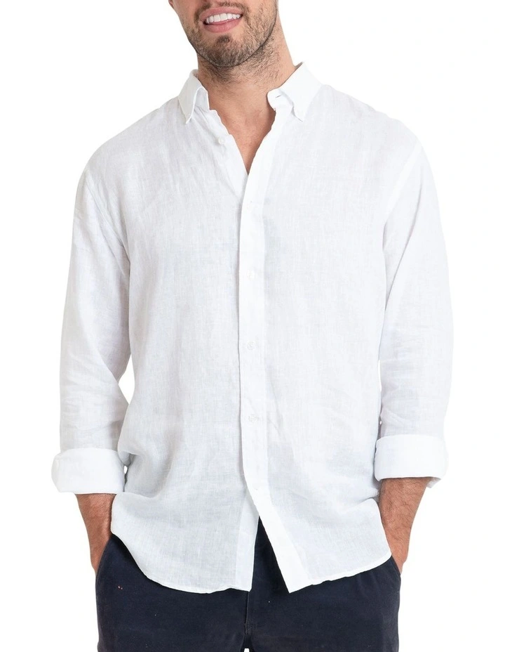 Long Sleeve Linen Shirt in White image 3