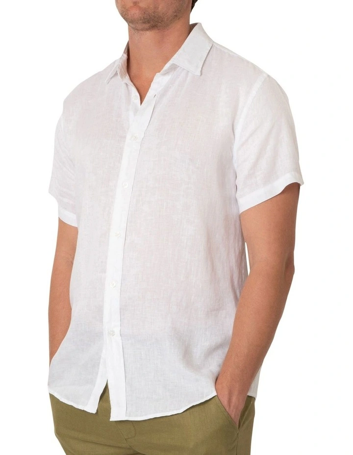 Short Sleeve Linen Shirt in White image 3