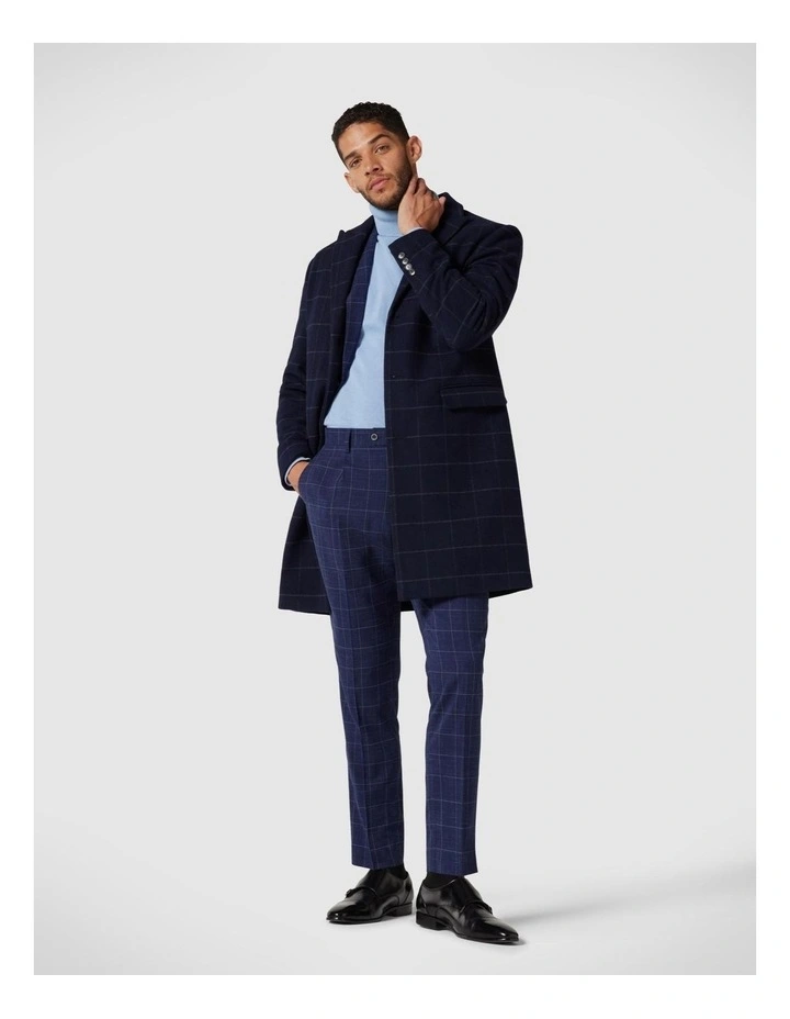 Politix Wool Blend Peak Lapel Long Coat in Navy Check MYER