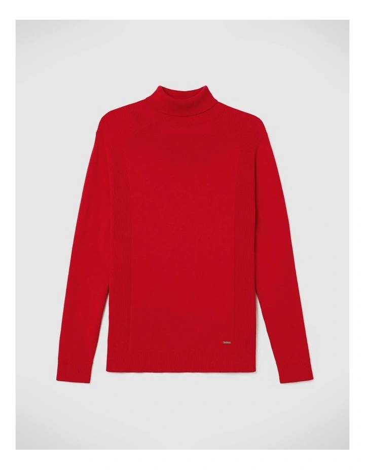 Roll Neck Knit With Rib Detail in Red image 2