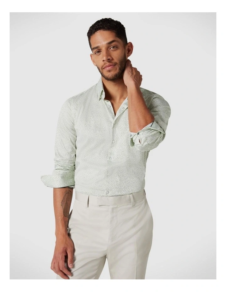 Long Sleeve Floral Print Dress Shirt in White/Khaki image 1