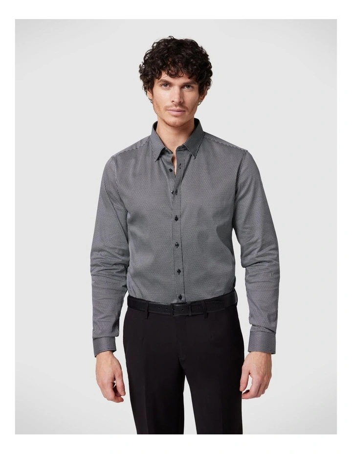 Slim Fit Long Sleeve Geo Print Dress Shirt in White/black image 1