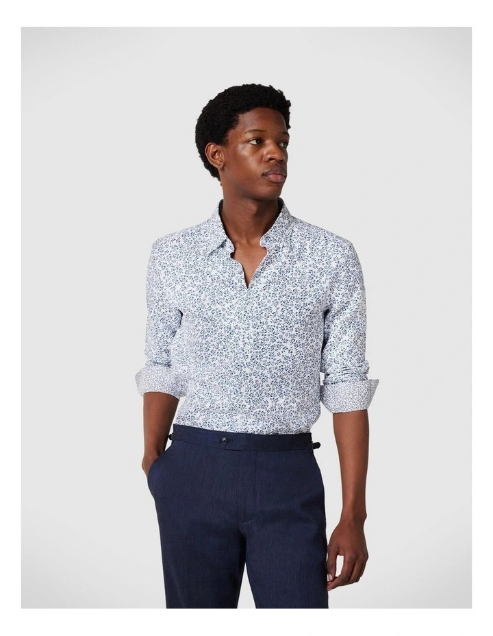 Regular Long Sleeve Printed Floral Linen Shirt in White/Blue image 1